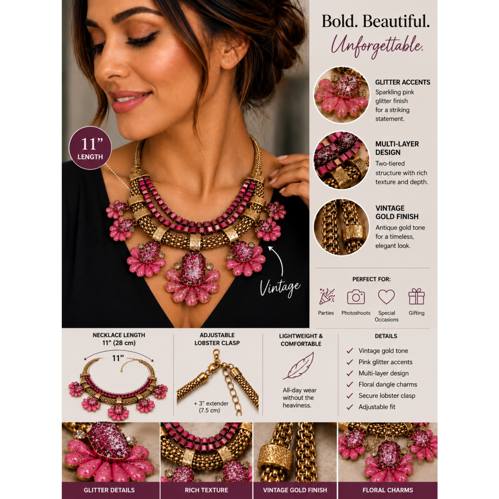 Vintage style Multi-layer Floral Dangle Charm Statement Necklace in Pink - Picture 4 of 5
